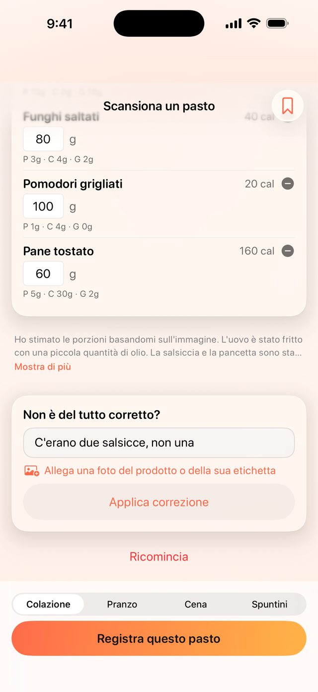 Correzione di una stima di Bocco per un piatto fatto in casa, in linguaggio naturale, con i numeri che si ricalcolano